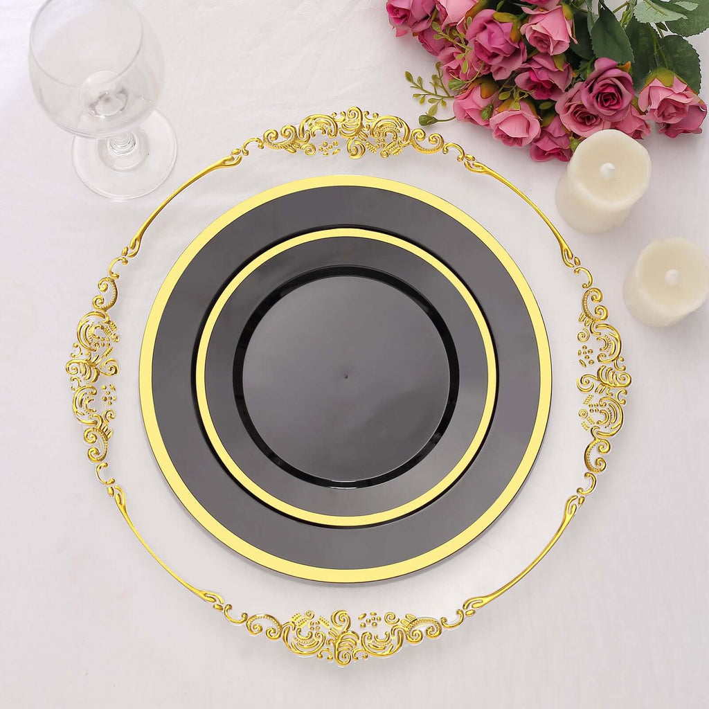 10 - Pack Plastic 10" Round Dinner Plates in Black with Gold Rim - Disposable Party Plates for Classy Banquets & Special Occasions - Bell Racket Store
