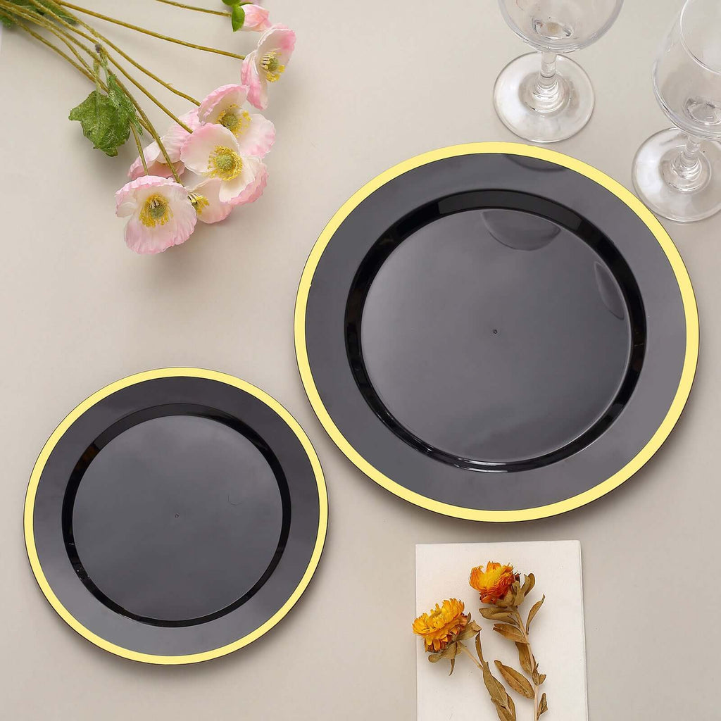 10 - Pack Plastic 10" Round Dinner Plates in Black with Gold Rim - Disposable Party Plates for Classy Banquets & Special Occasions - Bell Racket Store