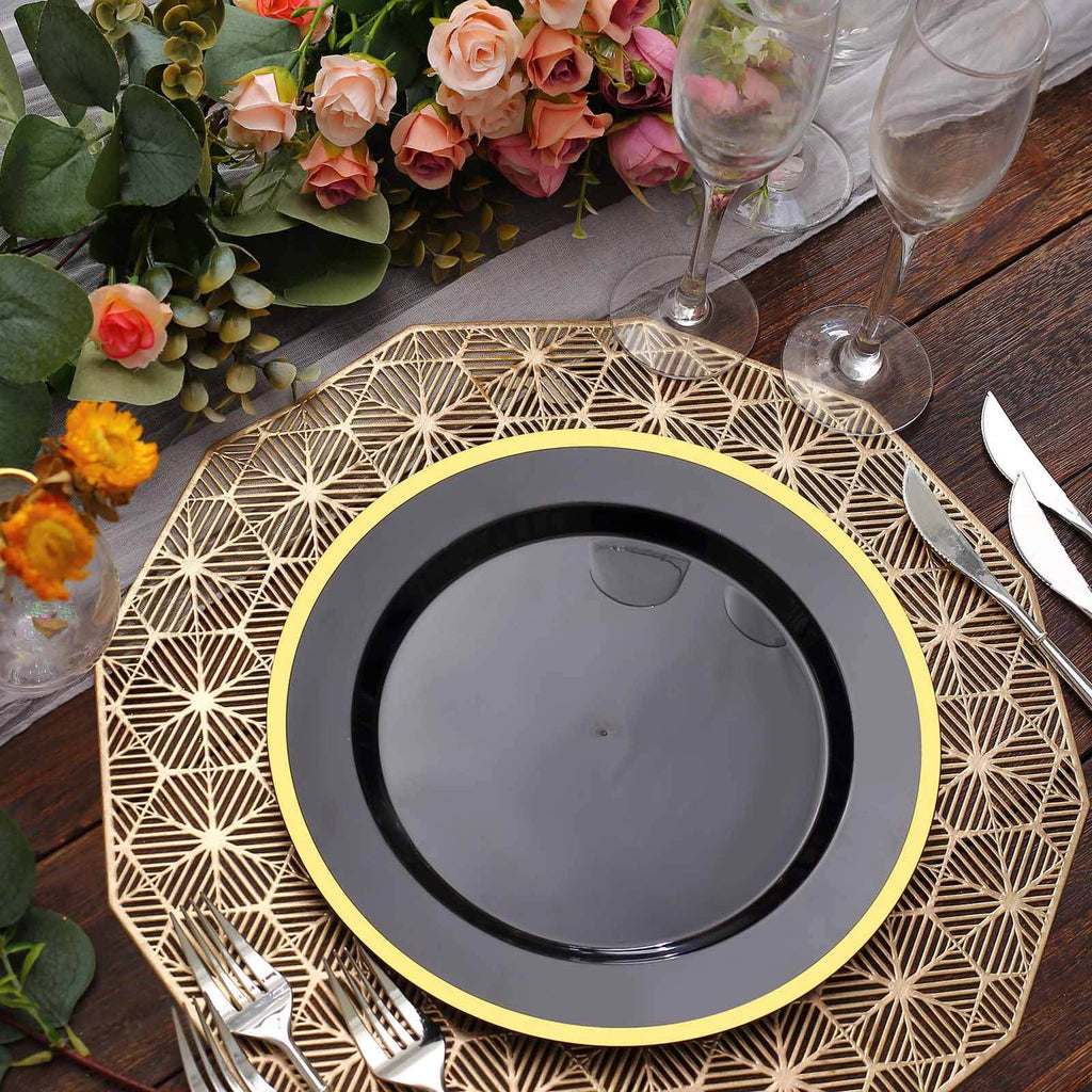 10 - Pack Plastic 10" Round Dinner Plates in Black with Gold Rim - Disposable Party Plates for Classy Banquets & Special Occasions - Bell Racket Store