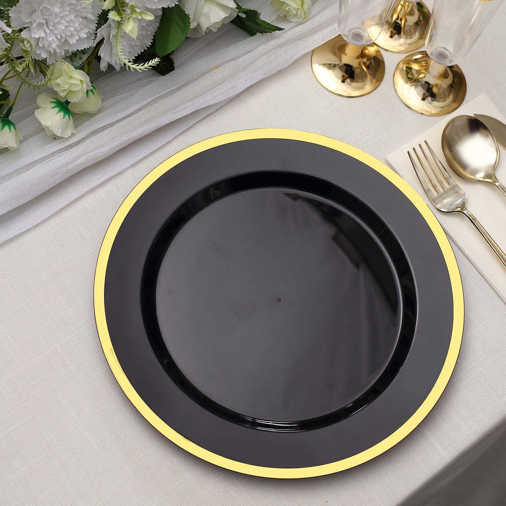 10 - Pack Plastic 10" Round Dinner Plates in Black with Gold Rim - Disposable Party Plates for Classy Banquets & Special Occasions - Bell Racket Store