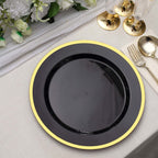 10 - Pack Plastic 10" Round Dinner Plates in Black with Gold Rim - Disposable Party Plates for Classy Banquets & Special Occasions - Bell Racket Store