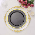 10 - Pack Plastic 10" Round Dinner Plates in Black with Gold Rim - Disposable Party Plates for Classy Banquets & Special Occasions - Bell Racket Store