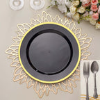 10 - Pack Plastic 10" Round Dinner Plates in Black with Gold Rim - Disposable Party Plates for Classy Banquets & Special Occasions - Bell Racket Store