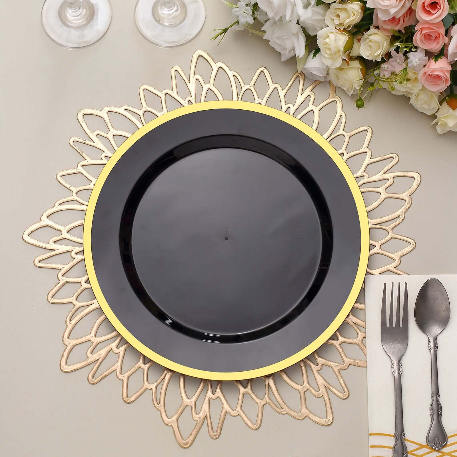 10 - Pack Plastic 10" Round Dinner Plates in Black with Gold Rim - Disposable Party Plates for Classy Banquets & Special Occasions - Bell Racket Store