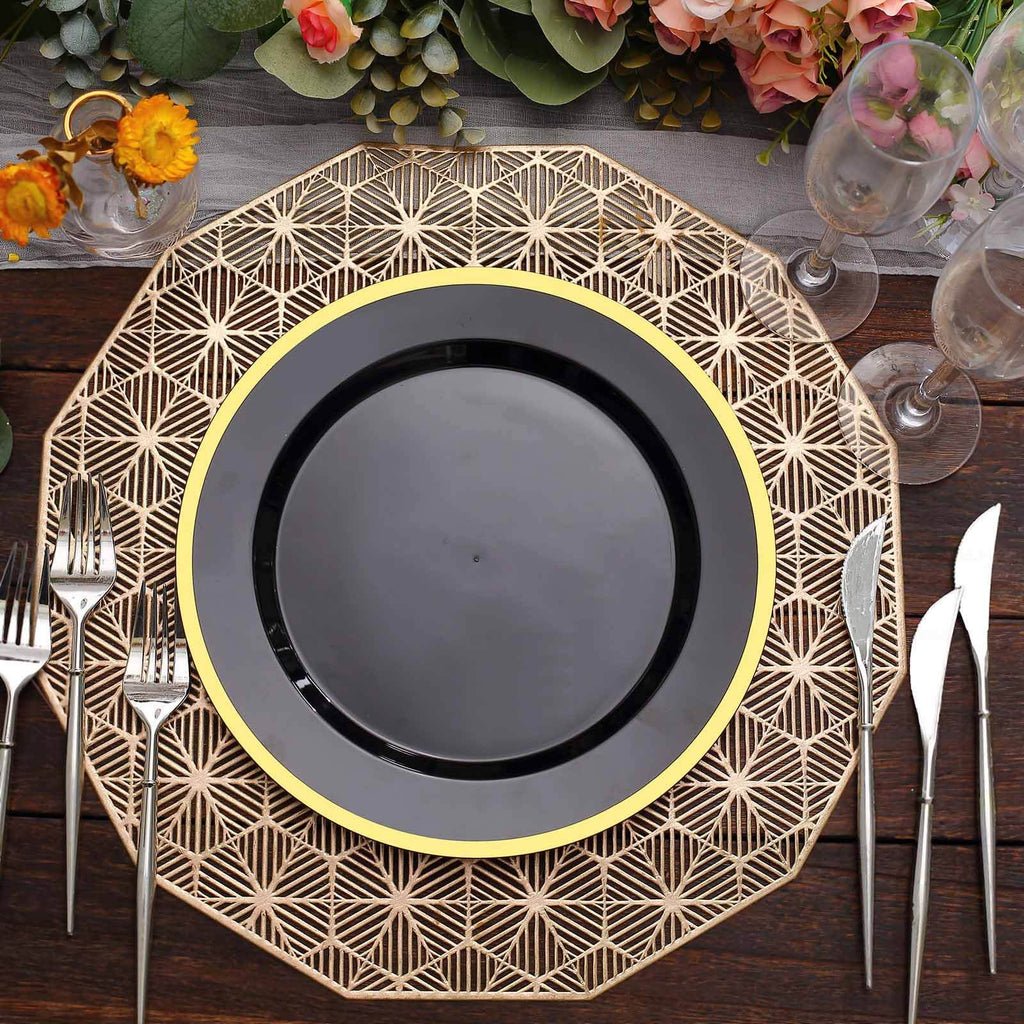 10 - Pack Plastic 10" Round Dinner Plates in Black with Gold Rim - Disposable Party Plates for Classy Banquets & Special Occasions - Bell Racket Store