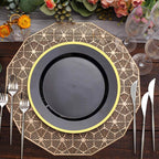 10 - Pack Plastic 10" Round Dinner Plates in Black with Gold Rim - Disposable Party Plates for Classy Banquets & Special Occasions - Bell Racket Store