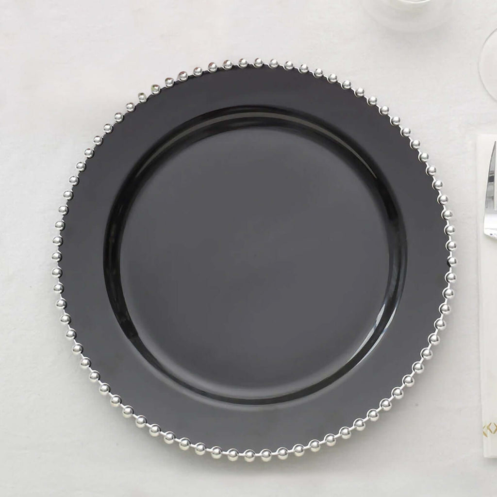 10 - Pack Plastic 10" Round Dinner Plates in Black with Silver Beaded Rim - Disposable Party Plates for Banquets & Festive Occasions - Bell Racket Store