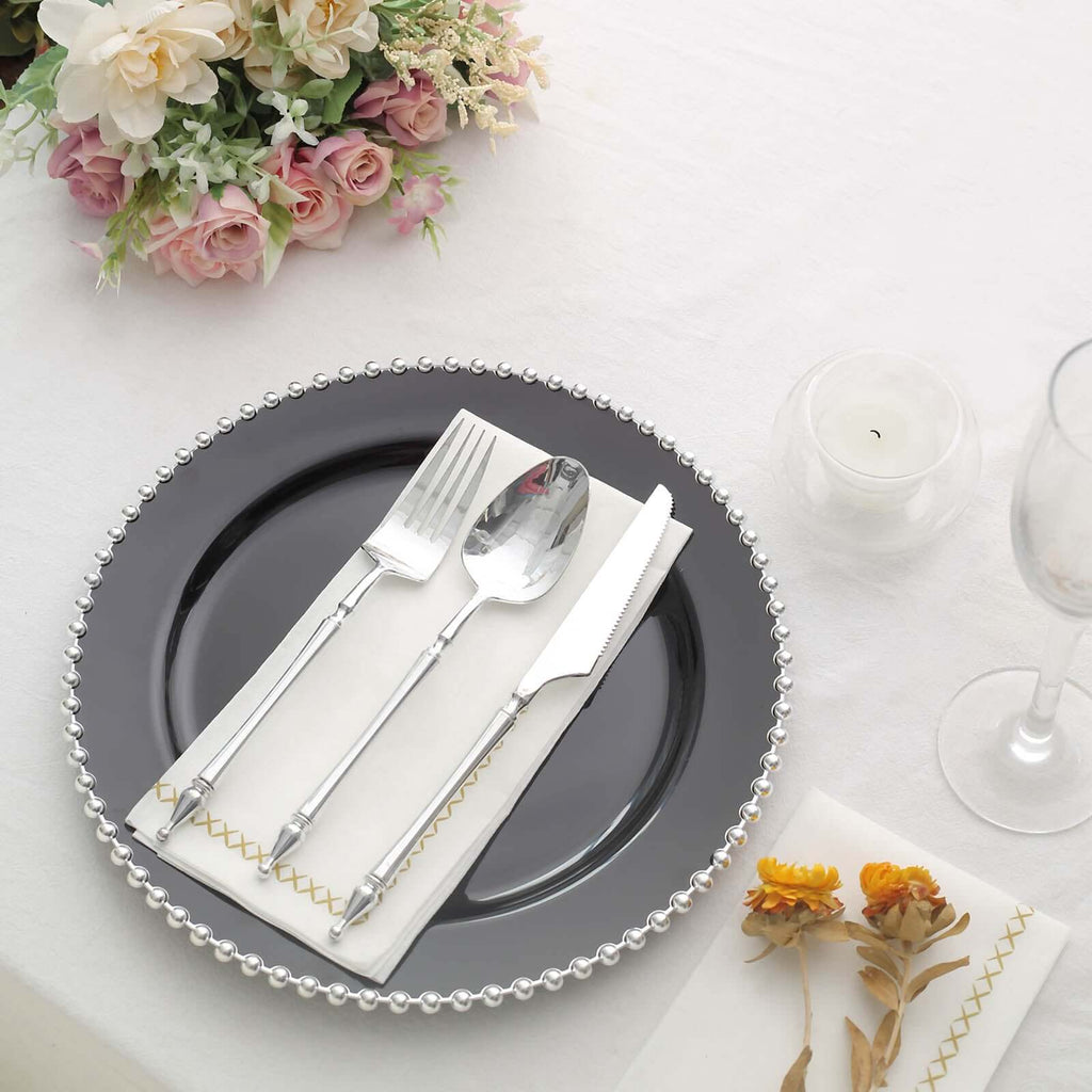 10 - Pack Plastic 10" Round Dinner Plates in Black with Silver Beaded Rim - Disposable Party Plates for Banquets & Festive Occasions - Bell Racket Store