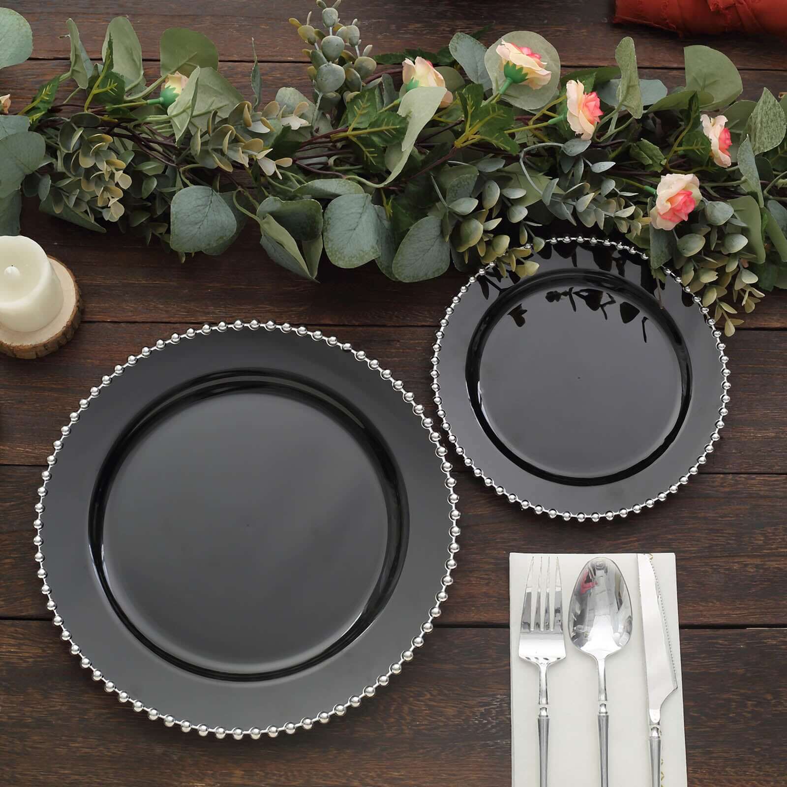 10 - Pack Plastic 10" Round Dinner Plates in Black with Silver Beaded Rim - Disposable Party Plates for Banquets & Festive Occasions - Bell Racket Store