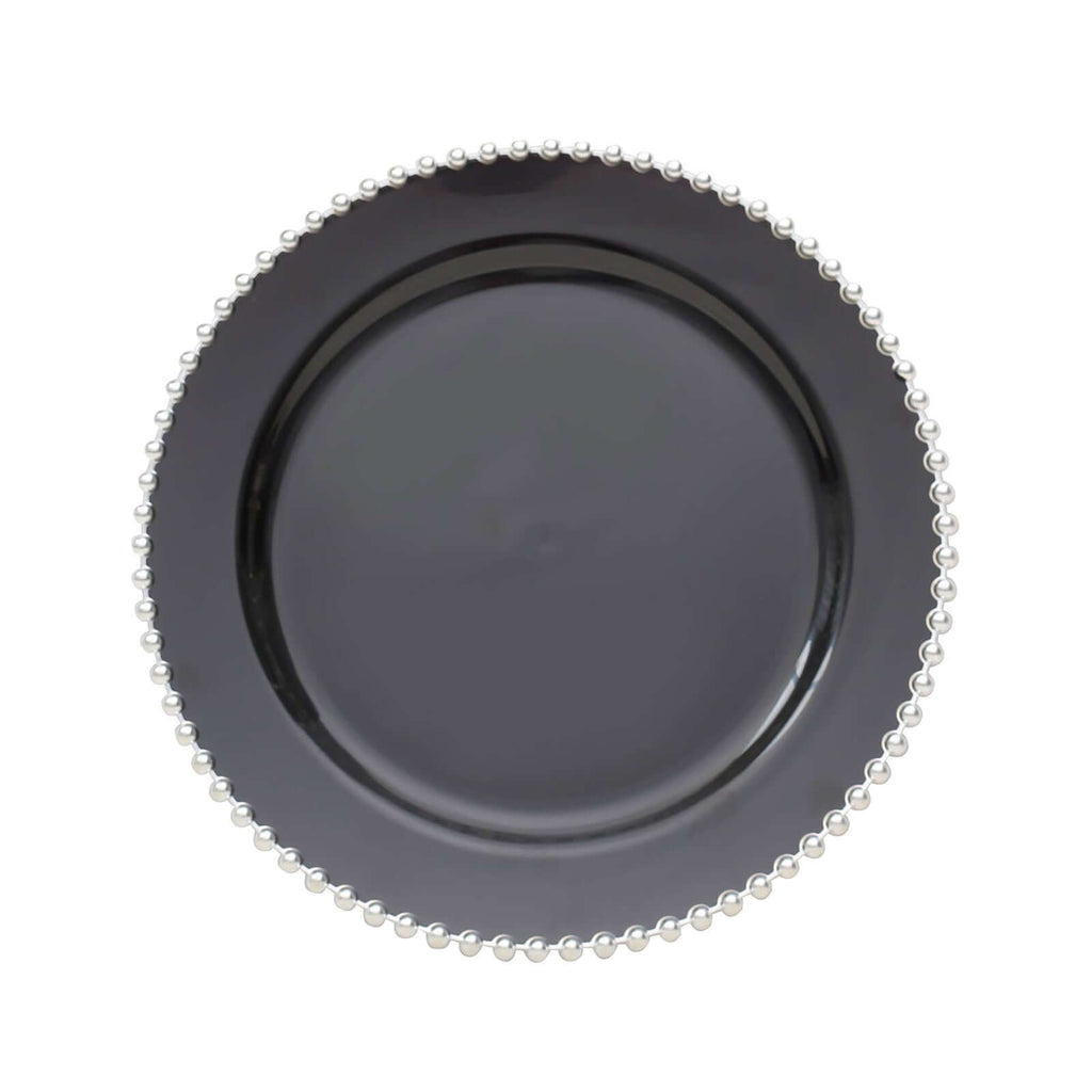 10 - Pack Plastic 10" Round Dinner Plates in Black with Silver Beaded Rim - Disposable Party Plates for Banquets & Festive Occasions - Bell Racket Store