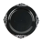 10 - Pack Plastic 10" Round Dinner Plates in Black with Silver Leaf Embossed Rim - Disposable Vintage Baroque Style Plates - Bell Racket Store