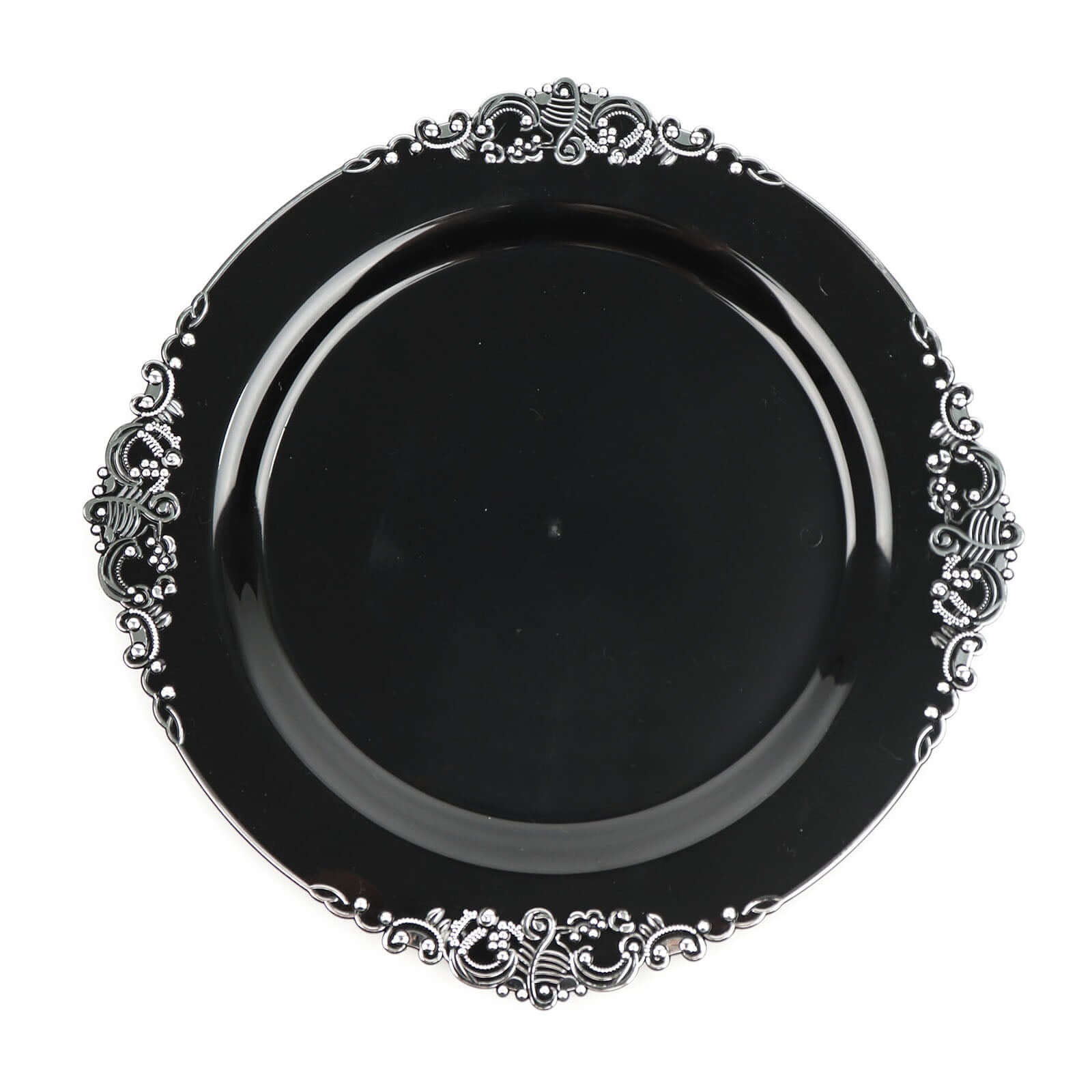 10 - Pack Plastic 10" Round Dinner Plates in Black with Silver Leaf Embossed Rim - Disposable Vintage Baroque Style Plates - Bell Racket Store