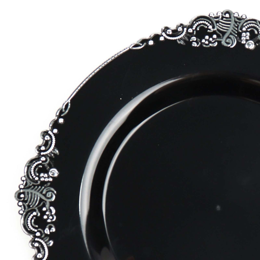 10 - Pack Plastic 10" Round Dinner Plates in Black with Silver Leaf Embossed Rim - Disposable Vintage Baroque Style Plates - Bell Racket Store