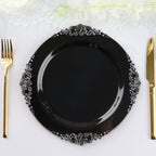 10 - Pack Plastic 10" Round Dinner Plates in Black with Silver Leaf Embossed Rim - Disposable Vintage Baroque Style Plates - Bell Racket Store