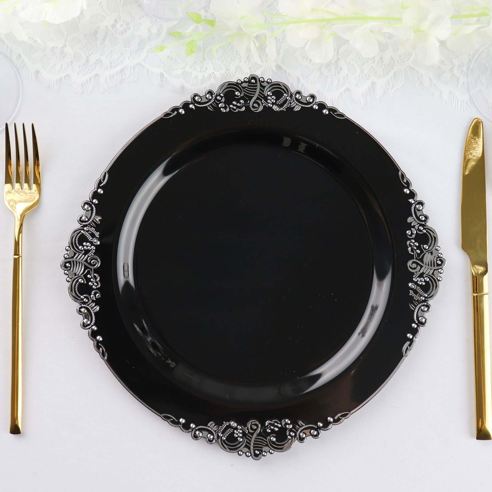 10 - Pack Plastic 10" Round Dinner Plates in Black with Silver Leaf Embossed Rim - Disposable Vintage Baroque Style Plates - Bell Racket Store