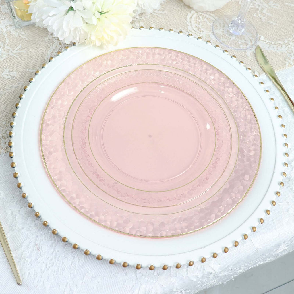 10 - Pack Plastic 10" Round Dinner Plates in Blush Hammered Design with Gold Rim - Disposable Party Plates for Chic Banquets & Special Occasions - Bell Racket Store