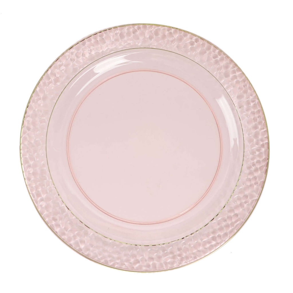 10 - Pack Plastic 10" Round Dinner Plates in Blush Hammered Design with Gold Rim - Disposable Party Plates for Chic Banquets & Special Occasions - Bell Racket Store