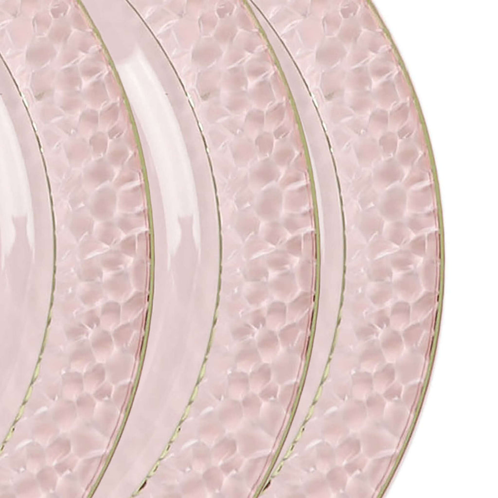 10 - Pack Plastic 10" Round Dinner Plates in Blush Hammered Design with Gold Rim - Disposable Party Plates for Chic Banquets & Special Occasions - Bell Racket Store