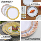 10 - Pack Plastic 10" Round Dinner Plates in Blush Hammered Design with Gold Rim - Disposable Party Plates for Chic Banquets & Special Occasions - Bell Racket Store