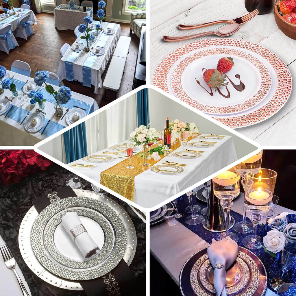 10 - Pack Plastic 10" Round Dinner Plates in Blush Hammered Design with Gold Rim - Disposable Party Plates for Chic Banquets & Special Occasions - Bell Racket Store