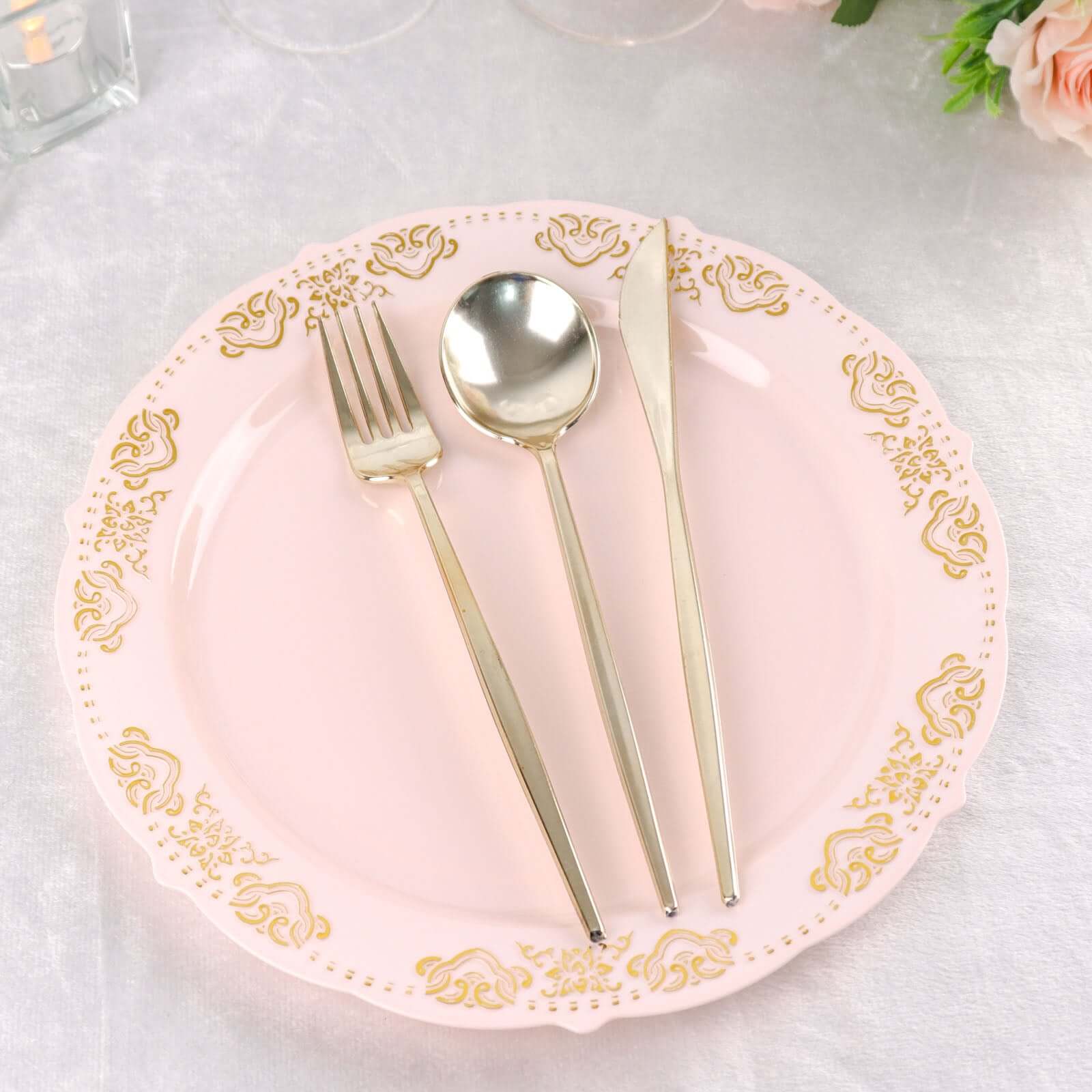 10 - Pack Plastic 10" Round Dinner Plates in Blush with Gold Embossed Scalloped Edge - Chic Disposable Party Plates for Special Occasions & Banquets - Bell Racket Store
