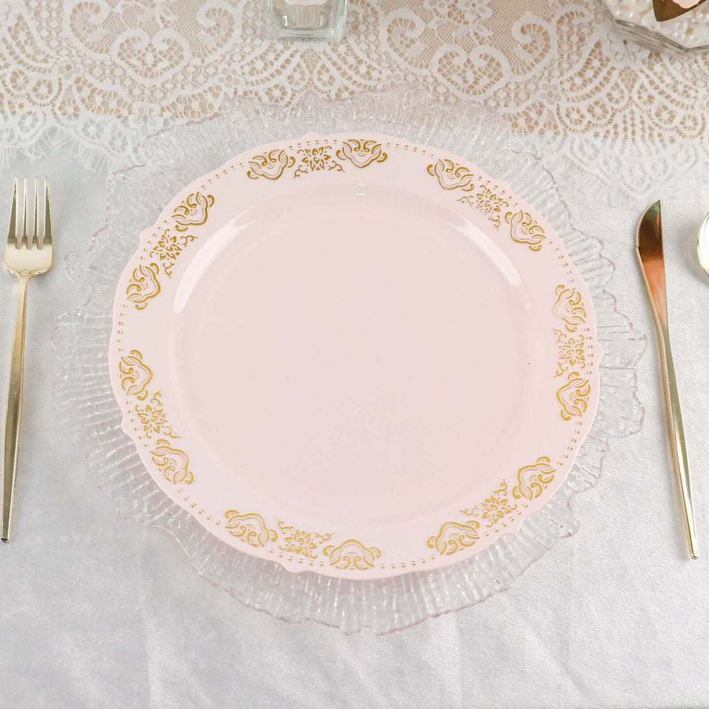10 - Pack Plastic 10" Round Dinner Plates in Blush with Gold Embossed Scalloped Edge - Chic Disposable Party Plates for Special Occasions & Banquets - Bell Racket Store