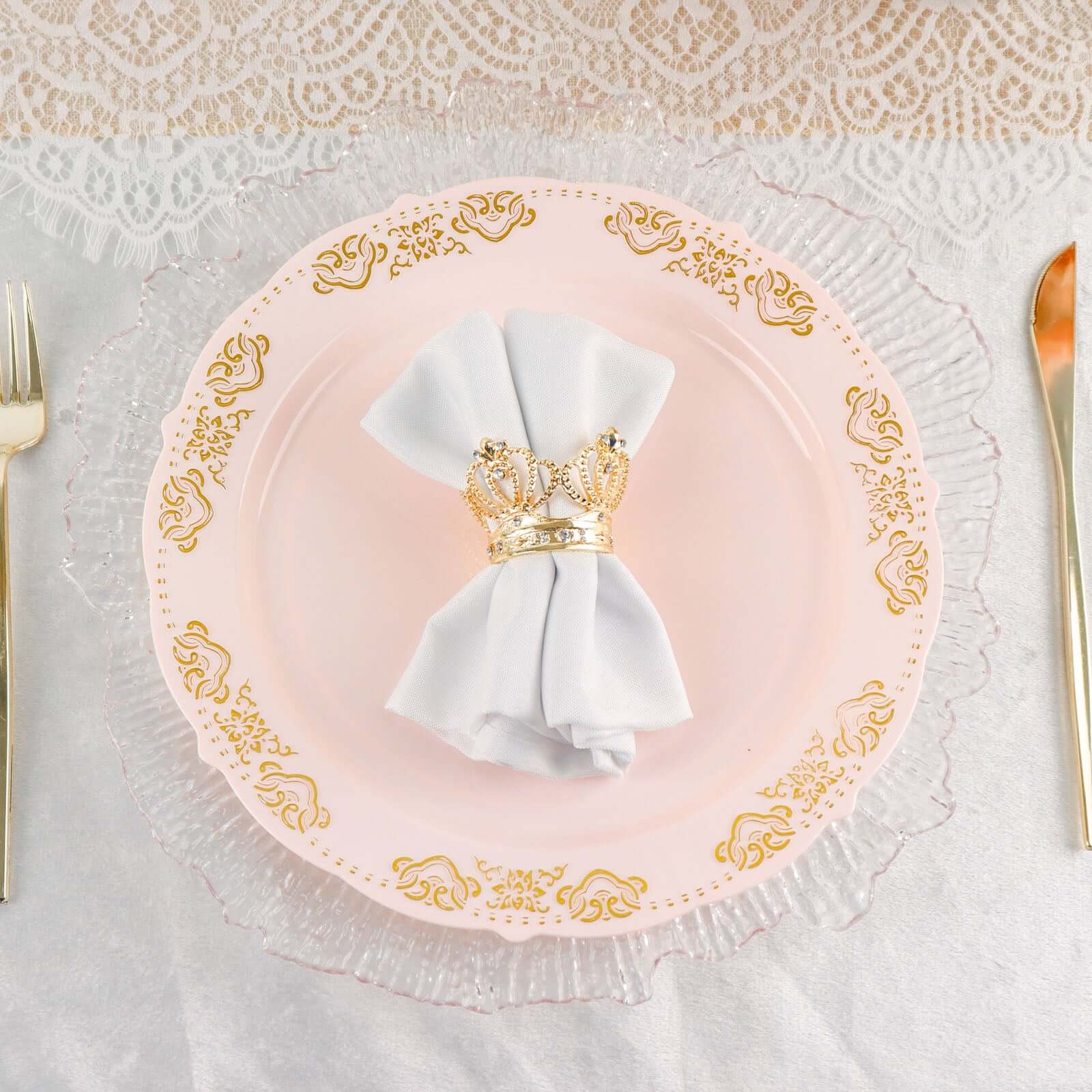 10 - Pack Plastic 10" Round Dinner Plates in Blush with Gold Embossed Scalloped Edge - Chic Disposable Party Plates for Special Occasions & Banquets - Bell Racket Store