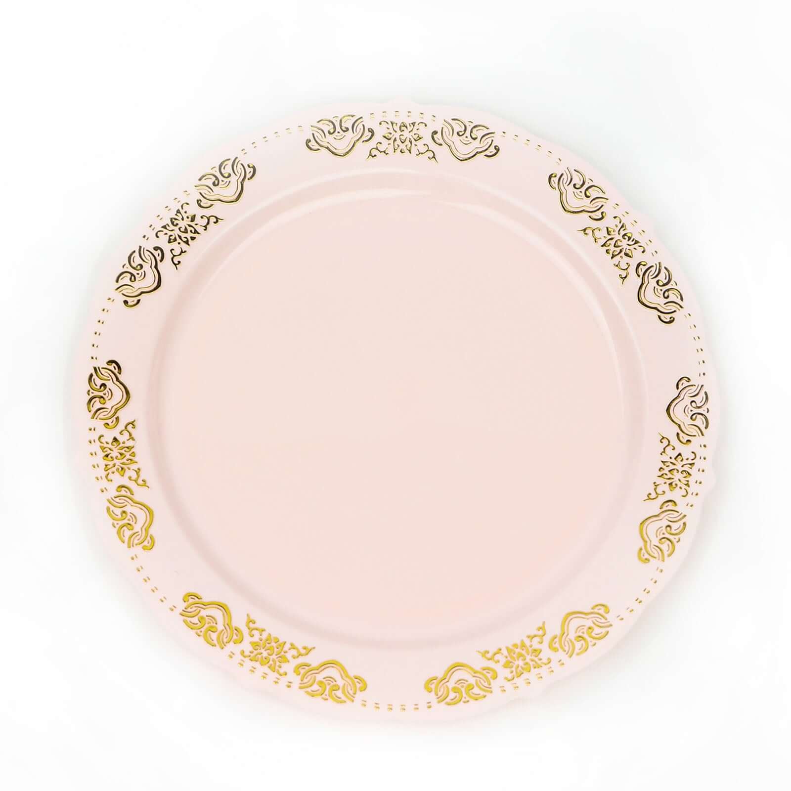 10 - Pack Plastic 10" Round Dinner Plates in Blush with Gold Embossed Scalloped Edge - Chic Disposable Party Plates for Special Occasions & Banquets - Bell Racket Store