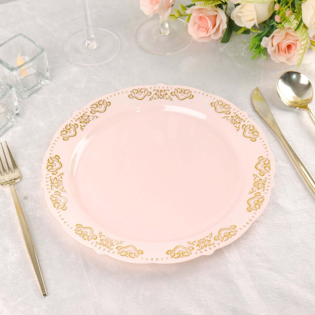 10 - Pack Plastic 10" Round Dinner Plates in Blush with Gold Embossed Scalloped Edge - Chic Disposable Party Plates for Special Occasions & Banquets - Bell Racket Store