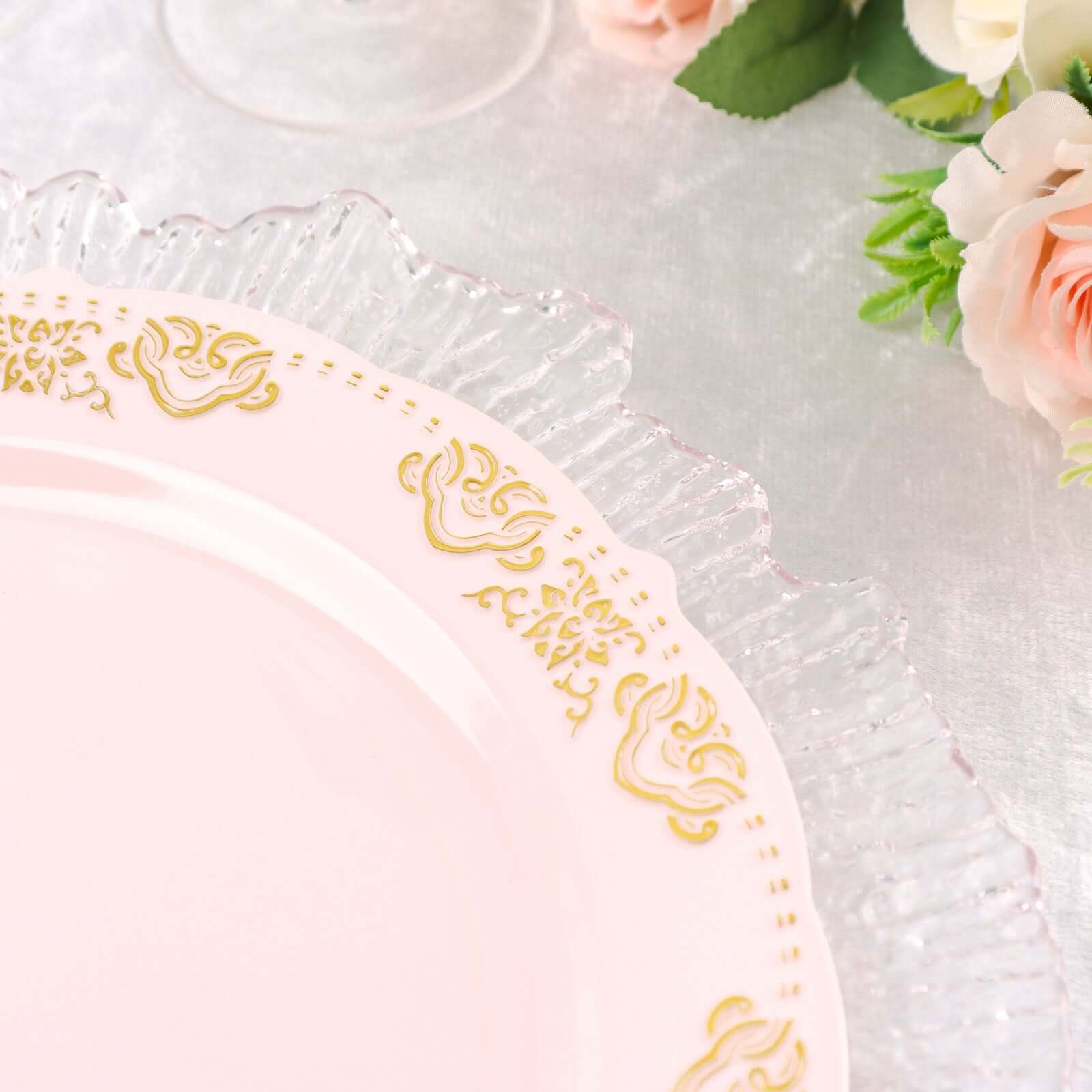 10 - Pack Plastic 10" Round Dinner Plates in Blush with Gold Embossed Scalloped Edge - Chic Disposable Party Plates for Special Occasions & Banquets - Bell Racket Store