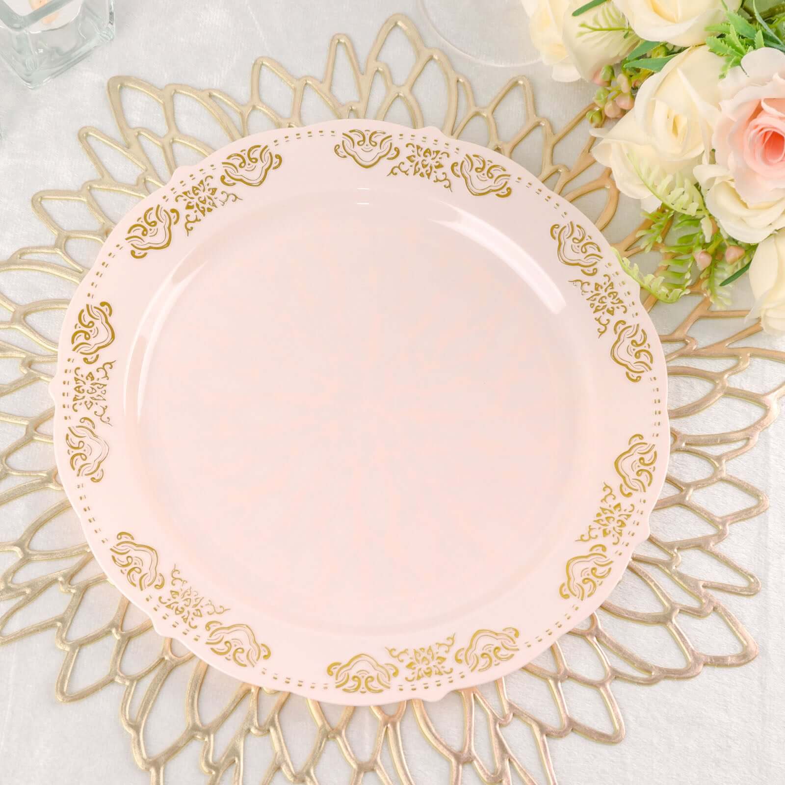 10 - Pack Plastic 10" Round Dinner Plates in Blush with Gold Embossed Scalloped Edge - Chic Disposable Party Plates for Special Occasions & Banquets - Bell Racket Store