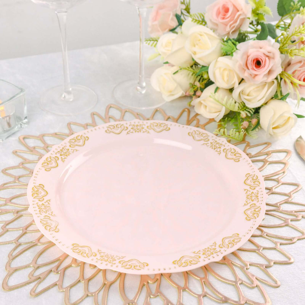 10 - Pack Plastic 10" Round Dinner Plates in Blush with Gold Embossed Scalloped Edge - Chic Disposable Party Plates for Special Occasions & Banquets - Bell Racket Store