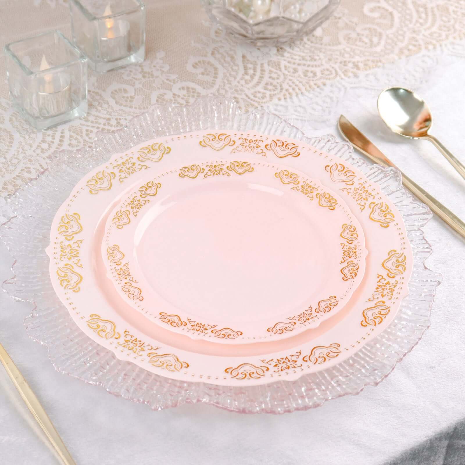 10 - Pack Plastic 10" Round Dinner Plates in Blush with Gold Embossed Scalloped Edge - Chic Disposable Party Plates for Special Occasions & Banquets - Bell Racket Store