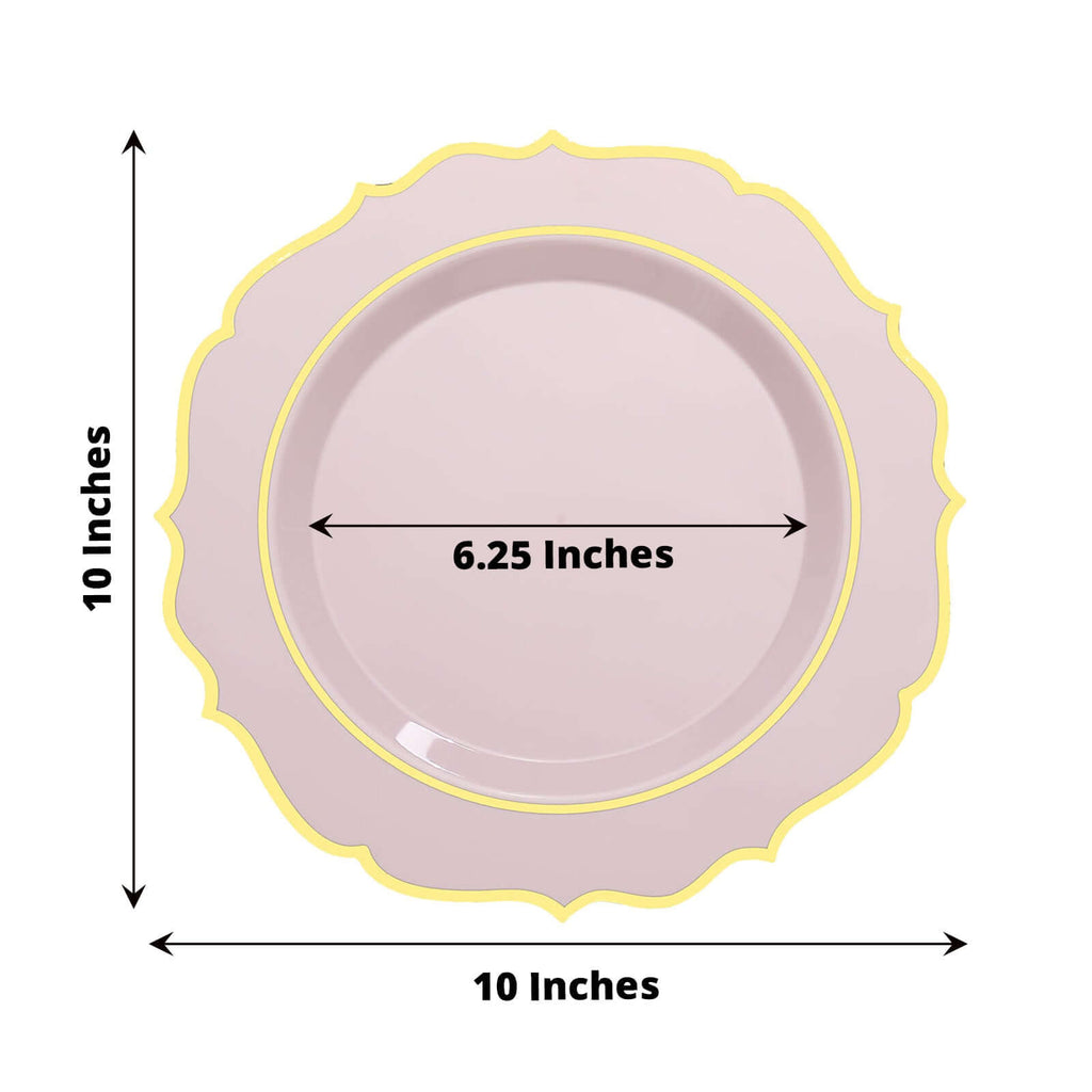 10 - Pack Plastic 10" Round Dinner Plates in Blush with Gold Scalloped Rim - Disposable Party Plates - Bell Racket Store