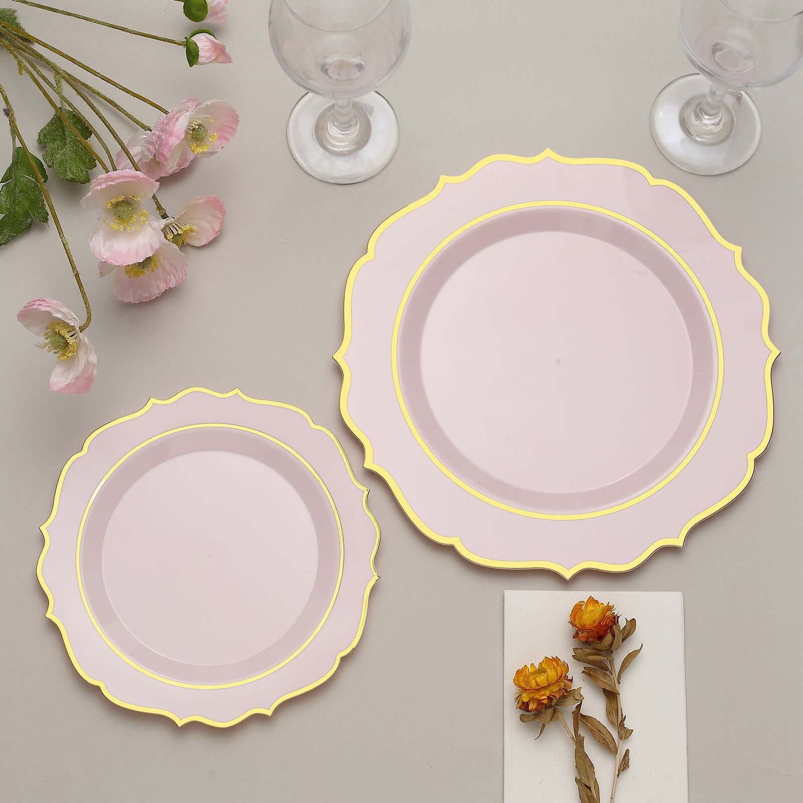 10 - Pack Plastic 10" Round Dinner Plates in Blush with Gold Scalloped Rim - Disposable Party Plates - Bell Racket Store