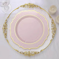 10 - Pack Plastic 10" Round Dinner Plates in Blush with Gold Scalloped Rim - Disposable Party Plates - Bell Racket Store