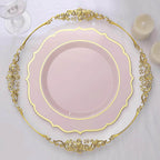 10 - Pack Plastic 10" Round Dinner Plates in Blush with Gold Scalloped Rim - Disposable Party Plates - Bell Racket Store