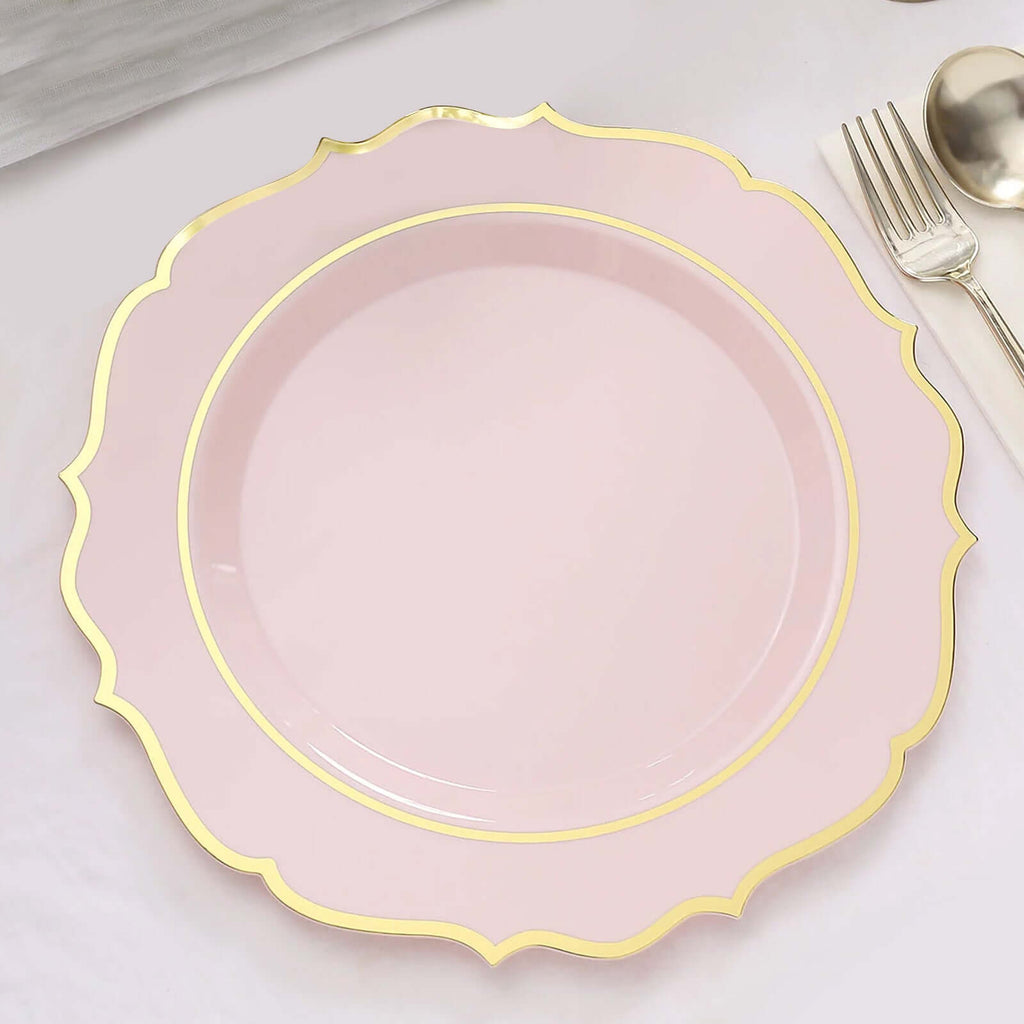 10 - Pack Plastic 10" Round Dinner Plates in Blush with Gold Scalloped Rim - Disposable Party Plates - Bell Racket Store
