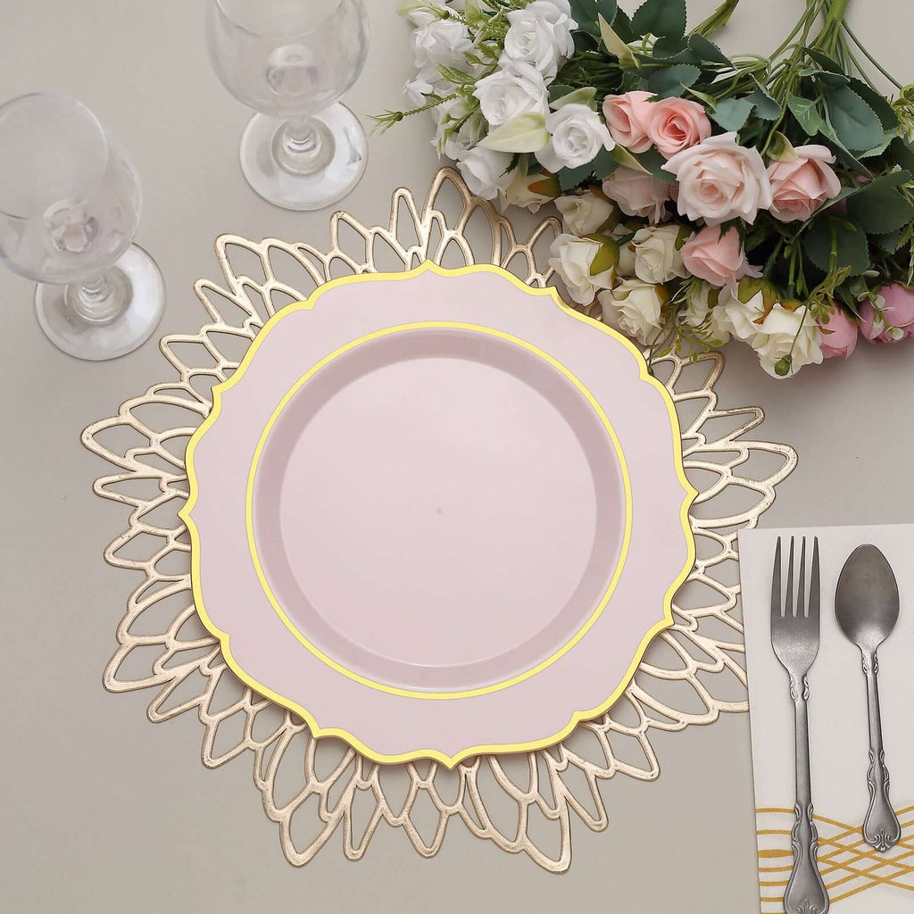 10 - Pack Plastic 10" Round Dinner Plates in Blush with Gold Scalloped Rim - Disposable Party Plates - Bell Racket Store