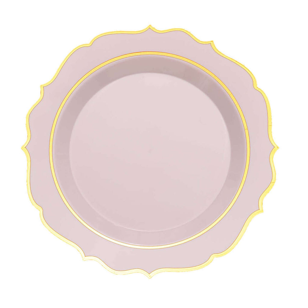 10 - Pack Plastic 10" Round Dinner Plates in Blush with Gold Scalloped Rim - Disposable Party Plates - Bell Racket Store