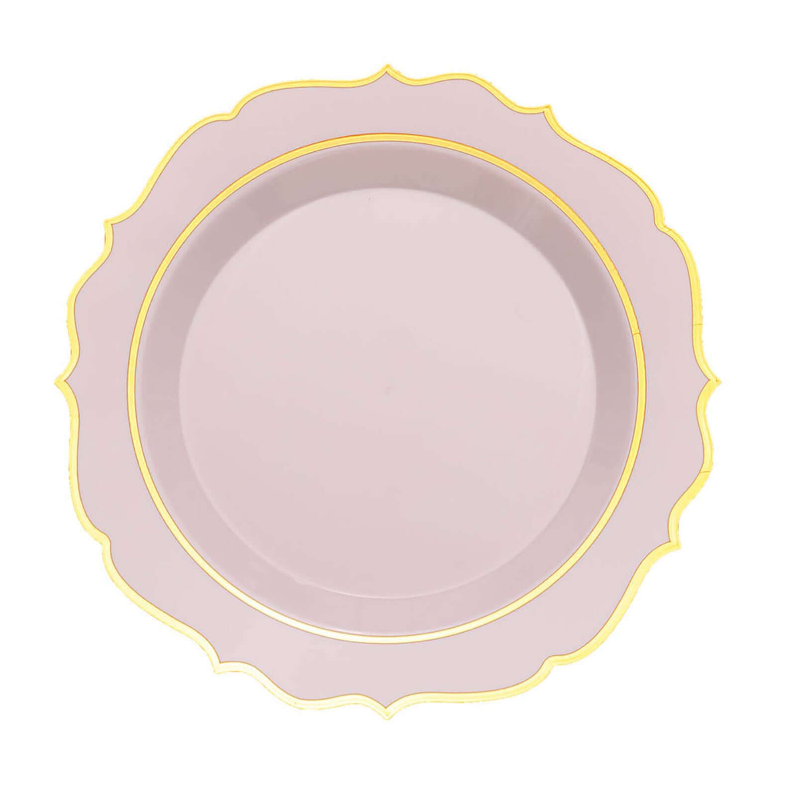 10 - Pack Plastic 10" Round Dinner Plates in Blush with Gold Scalloped Rim - Disposable Party Plates - Bell Racket Store
