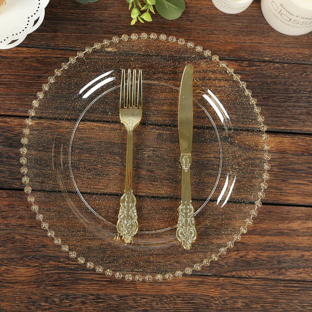 10 - Pack Plastic 10" Round Dinner Plates in Clear Gold Glittered with Beaded Rim - Disposable Party Plates for Banquets & Festive Occasions - Bell Racket Store