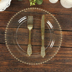 10 - Pack Plastic 10" Round Dinner Plates in Clear Gold Glittered with Beaded Rim - Disposable Party Plates for Banquets & Festive Occasions - Bell Racket Store