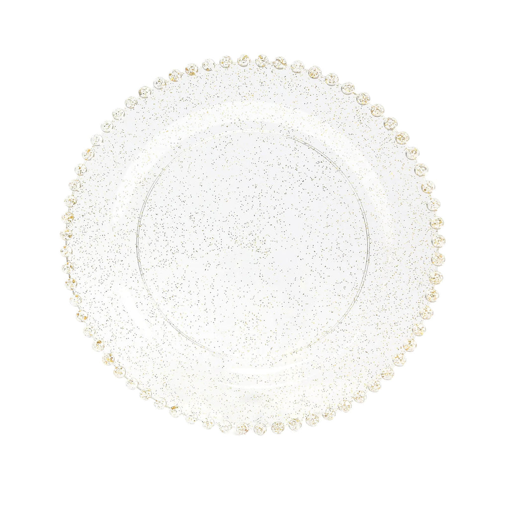 10 - Pack Plastic 10" Round Dinner Plates in Clear Gold Glittered with Beaded Rim - Disposable Party Plates for Banquets & Festive Occasions - Bell Racket Store