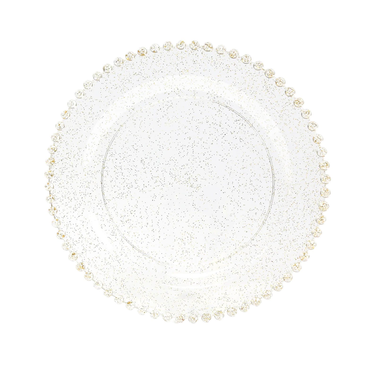 10 - Pack Plastic 10" Round Dinner Plates in Clear Gold Glittered with Beaded Rim - Disposable Party Plates for Banquets & Festive Occasions - Bell Racket Store