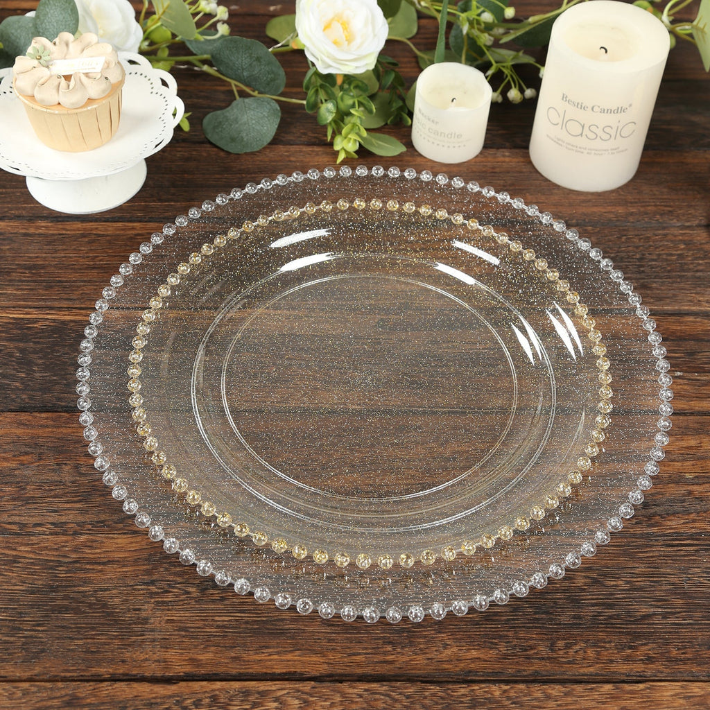 10 - Pack Plastic 10" Round Dinner Plates in Clear Gold Glittered with Beaded Rim - Disposable Party Plates for Banquets & Festive Occasions - Bell Racket Store