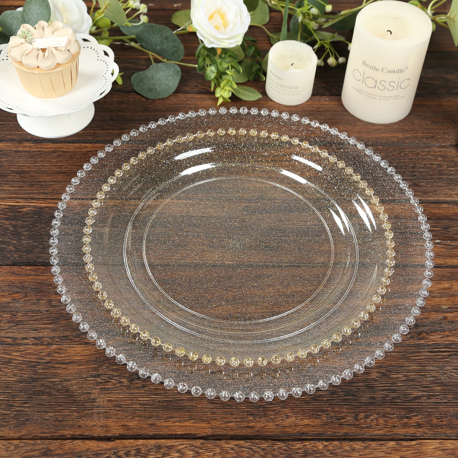 10 - Pack Plastic 10" Round Dinner Plates in Clear Gold Glittered with Beaded Rim - Disposable Party Plates for Banquets & Festive Occasions - Bell Racket Store