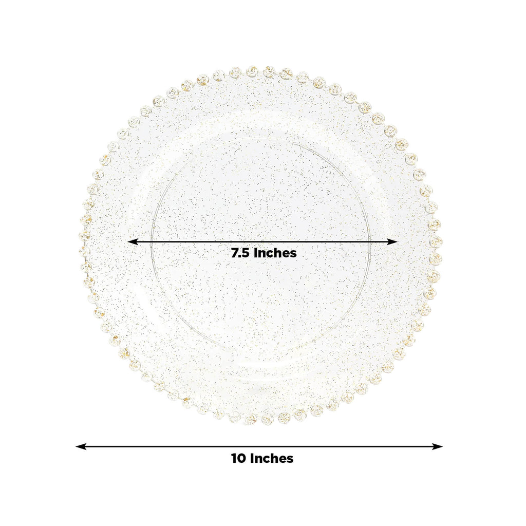 10 - Pack Plastic 10" Round Dinner Plates in Clear Gold Glittered with Beaded Rim - Disposable Party Plates for Banquets & Festive Occasions - Bell Racket Store