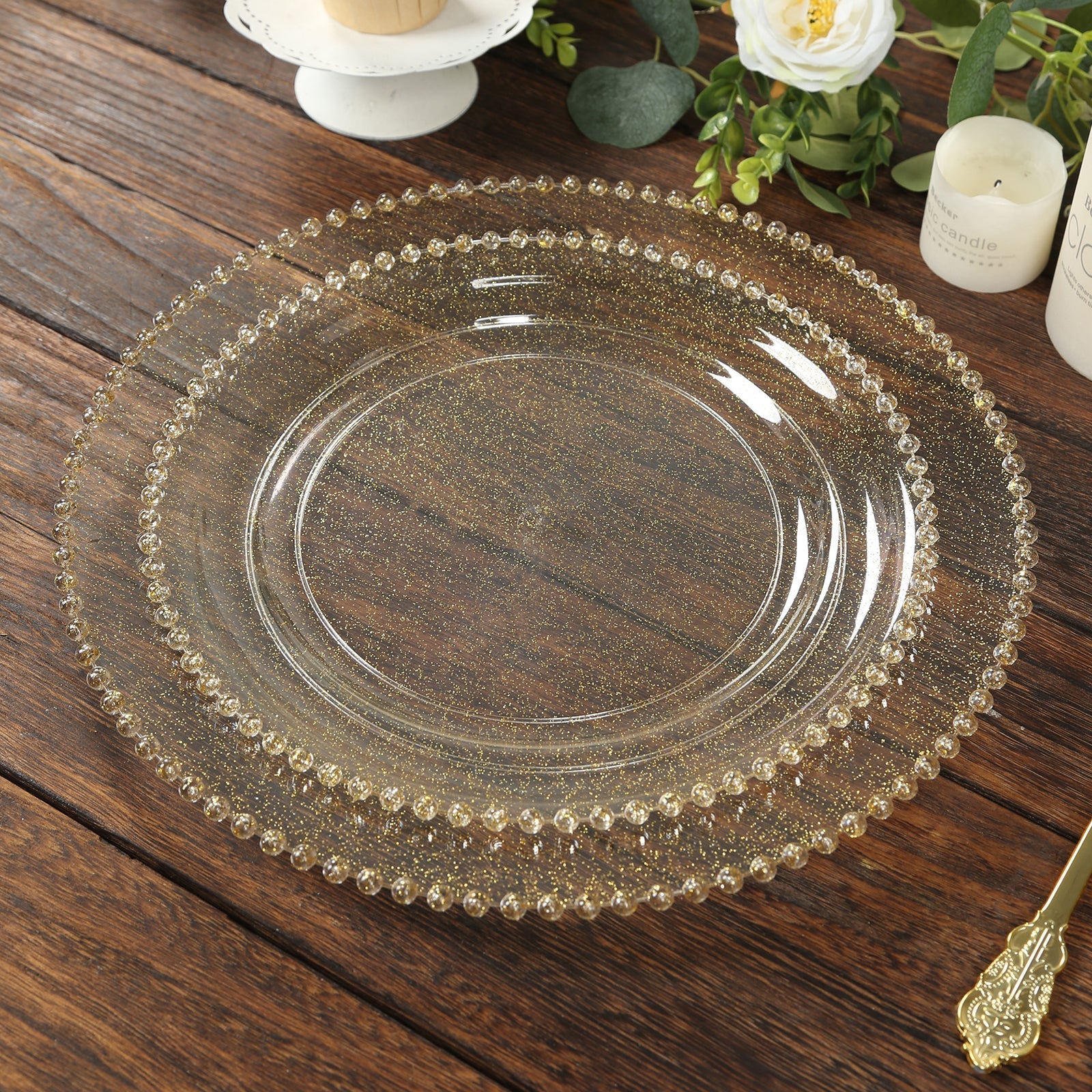 10 - Pack Plastic 10" Round Dinner Plates in Clear Gold Glittered with Beaded Rim - Disposable Party Plates for Banquets & Festive Occasions - Bell Racket Store