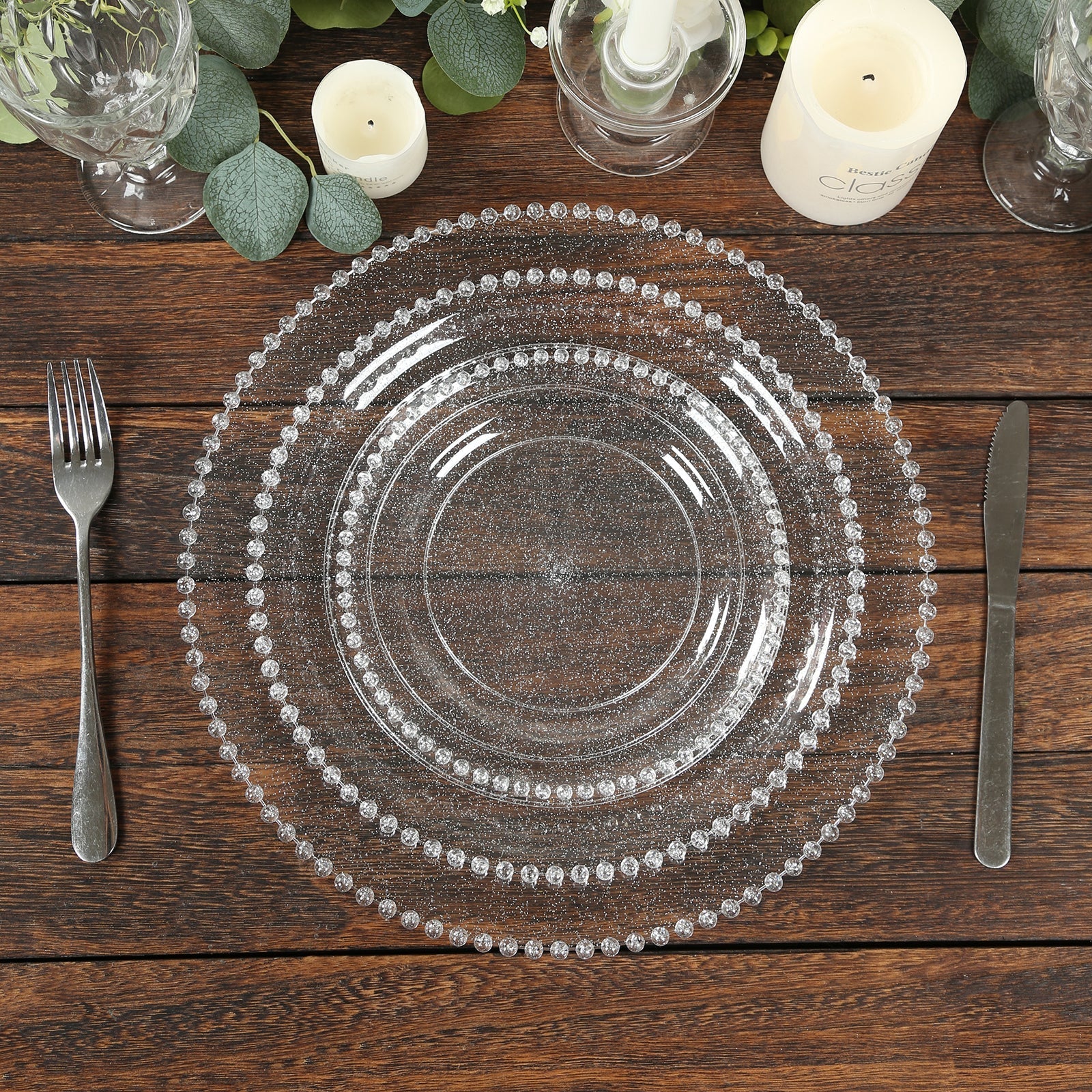 10 - Pack Plastic 10" Round Dinner Plates in Clear Silver Glittered with Beaded Rim - Disposable Party Plates for Banquets & Festive Occasions - Bell Racket Store